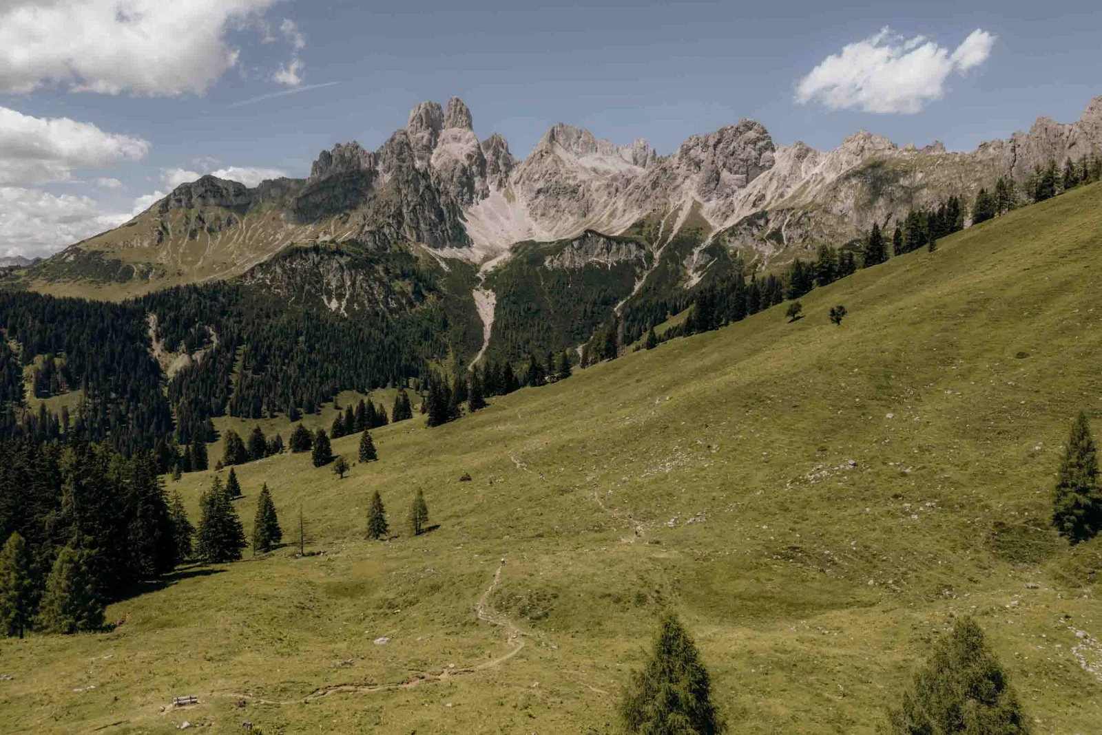 Ein kleines Paar wandert als Hochzeitsfotograf München begleitet durch das weite Bergpanorama der Loeckwaldhuette bei Filzmoos.